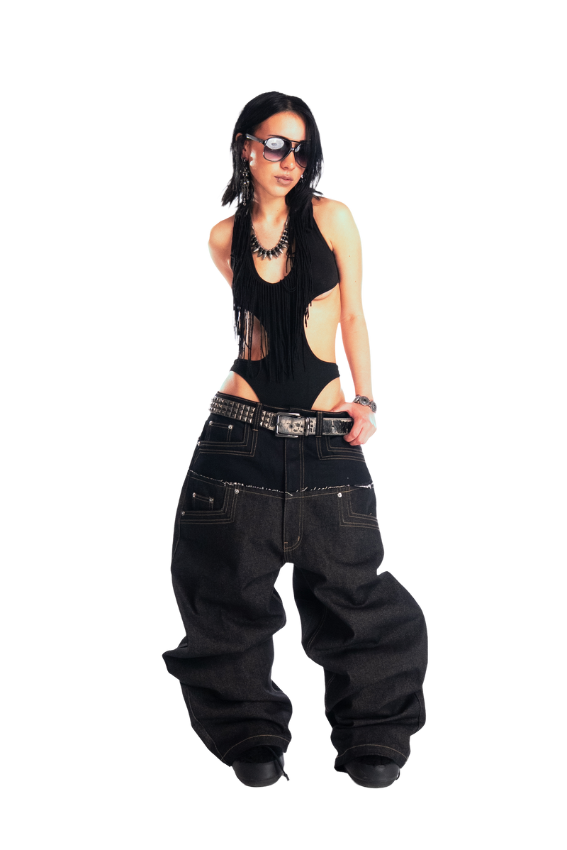 RDW Double Waist Black Raw Denim Pants