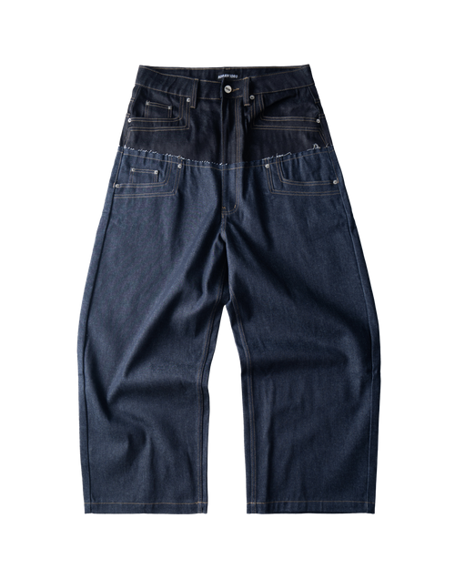 Model wearing RDW Double Waist Raw Denim Pants
